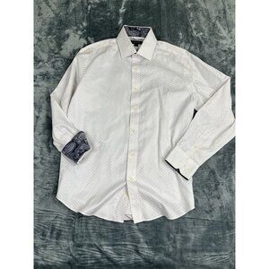 Mens Ziggurat White Button-Up Shirt L Long Sleeve Paisley Accent Collar & Cuffs